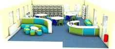 Modern School Library Design, Modern High School Library Design, School Library Circulation Desk, Elementary Library Furniture, Contemporary Library, Library Furniture School, Daycare Center