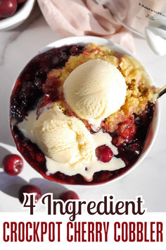 an image of crockpot cherry cobbler with ice cream