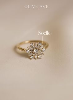 14K Yellow Gold | Noelle features a dainty round center stone with a burst double halo made of various stones set flush on a half round shank. Double Halo, Jewelry Companies, Perfect Ring, Lab Diamonds, High Quality Jewelry, Stone Settings, Wedding Stuff, Types Of Metal, Natural Diamonds