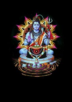 the god sitting on top of a lotus in front of a black background with stars