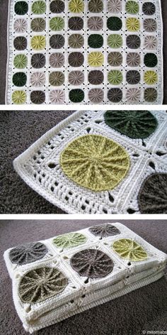 crocheted granny granny blanket with leaves and circles on the bottom, along with two photos of it