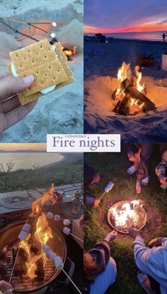 people are sitting around a campfire with crackers and marshmallows on it