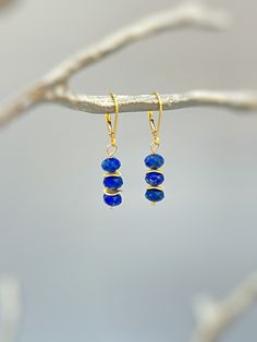 "Handmade Lapis Lazuli gold boho earrings for women. Lapis gemstones hang from hand crafted sterling silver, Rose Gold or Gold Fill ear wires or leverbacks. Dainty lightweight earrings perfect for everyday wear.  Handmade Jewelry crafted with love one at a time in my northern Michigan studio. Gemstones are nature's creations and may vary slightly in color and inclusions, but all are lovely and hand selected to match. These earrings are Dainty approx 1 1/4\" (35mm) long including the ear wires / Dainty Drop Earrings With Natural Stones, Bohemian Blue 14k Gold-filled Jewelry, Blue Bohemian 14k Gold Filled Jewelry, Bohemian Blue 14k Gold Filled Jewelry, Dainty Dangle Earrings With Natural Stones, Dainty Natural Stone Dangle Earrings, Everyday Blue Dangle Jewelry, Blue Minimalist Brass Jewelry, Minimalist Blue Brass Jewelry