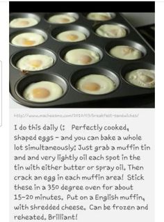 an image of eggs in a muffin tin with the words, i do this daily perfectly cooked, shaped eggs and you can bake a whole lot more than