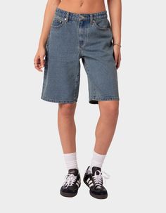 EDIKTED Oversized Low Rise Denim Bermuda Shorts - LIGHT BLUE | Tillys Low Rise Jorts, Big Jean Shorts, Oversized Jean Shorts, Big Jeans, Big Shorts, Wwe T Shirts, Flannel Sweatshirt, Christmas Board, Oversized Jeans