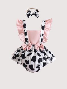 Super Adorable Baby Girl Cow Print Bow Ruffle Trim Bodysuit with Matching Headband – the perfect choice for your little one's first costume! This charming bodysuit features a whimsical cow print, sweet ruffle trim, and an adorable bow detail, creating an irresistibly cute ensemble. The matching headband adds an extra touch of charm, making it an ideal outfit for capturing those memorable first moments. Dress your baby girl in this super adorable set to celebrate her first costume experience with style and cuteness. It's the perfect choice for creating cherished memories during those early milestones! Composition: 100% Polyester Fitted Ruffle Onesie For Summer, Ruffle Bloomers, Striped Bodysuit, Girls Stripes, Charm Making, Matching Headband, Be A Nice Human, Adorable Baby, Cherished Memories