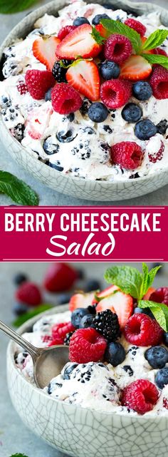 berry cheesecake salad with whipped cream and fresh berries in the bowl is ready to be eaten