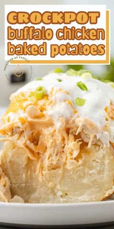 Crockpot Buffalo Chicken Loaded Baked Potatoes slow cook together right in the crock pot - a creamy, spicy buffalo chicken gets stuffed inside a tender, soft baked potato. Finish it off with ranch and sour cream for an amazing loaded baked potato with buffalo chicken flavors.