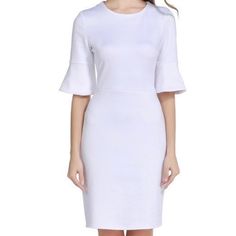 Thick Material Dress That Would Be Great For Wedding Events Such As Bridal Showers, Engagement Parties, Rehearsal Dinners, Etc. This Is A Classy Dress That Is Form Fitting And Flattering. Formal White Stretch Bodycon Dress, Elegant White Stretch Dress, White Stretch Sheath Dress, White Midi Bodycon Wedding Dress, White Midi Length Bodycon Wedding Dress, White Knee-length Bodycon Dress For Formal Occasions, White Stretch Dress For Work, White Bell Sleeve Dress, Material Dress