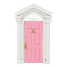 a pink door with white trim and arch