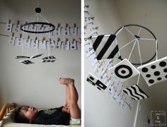 two pictures of a child laying on the floor and hanging from a mobile with numbers