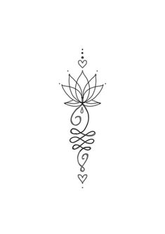 a black and white drawing of a flower with two hearts on the bottom, and an arrow