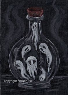 an oil painting of a bottle with ghost faces in it on a black background by copyright sanda 2012