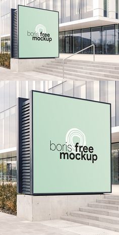 two billboards with the words bonds free mockup on them in front of a building