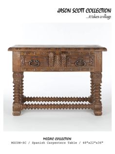 a wooden table with two drawers and carvings on the top, in front of a white background