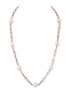 A recent addition to The Pearl Source, this stylish chain and pearl design is sure to turn heads. This beautiful Akoya pearl necklace consists of beautiful and lustrous pearls in AAA quality, and is mounted on 14K rose gold. Known as the 'icon' of cultured pearls, Akoya pearls have graced the necks, ears, fingers, and wrists of women for decades. The Pearl Source imports their Akoya pearls from the saltwaters of Japan, grown in the Pinctada fucata oyster. All of our Akoya pearl necklaces are mad Formal Pearl White Chain Necklace With Pearl Chain, Elegant Pearl Chain Link Jewelry, Luxury Pearl Pendant Chain Necklace, Luxury Pearl Chain Necklace, Luxury Pearl Necklace With Chain As Gift, Luxury Pearl Necklace With Chain For Gift, Luxury Formal Pearl Necklace With Chain, Formal Pearl Necklace With Chain, Luxury Pearl Chain Necklace For Wedding