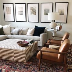 a living room filled with lots of furniture and pictures on the wall above it's coffee table