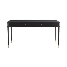 a black desk with two drawers and gold handles on the top, against a white background