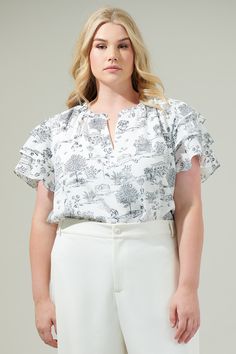 A confident babe like you will always look chic in the Renzo Toile Ruffle Blouse! This cute and unique design overlays the blouse with ruffles on the short sleeves and around the neckline with a keyhole. It has a relaxed fit to be tucked in with some matching black trousers and heels or flats. - Keyhole- Ruffle layers- Lined- Classic fit- Color: Grey BlackSize + Fit - Model is 5'9" and wearing size 2X- Measurements taken from size 2X - Chest: 27"- Length: 28 3/4" Fabric Self:100% Polyester Linin Chic Printed Blouse With Flutter Sleeves, Printed Summer Office Tops, Printed Tops For Office In Summer, White Printed Flutter Sleeve Tops, White Printed Tops With Flutter Sleeves, Fitted Flutter Sleeve Tops For Work, Fitted Tops With Flutter Sleeves For Workwear, Printed Fitted Blouse With Flutter Sleeves, Fitted Printed Blouse With Flutter Sleeves