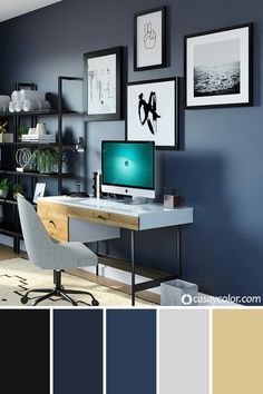 a home office with blue walls and pictures on the wall, including a computer desk