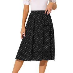 Allover heart-polka-dot prints add a vintage style to this flattering midi skirt designed to fall in an a-line shape to a shin-skimming hem. Tuck a blouse into the elastic waistband, and add a pair of sandals to complete a look brimming with ladylike charm. Please check your measurements to make sure the item fits before ordering. 1940s Looks, Midi Skirt Casual, Polka Dot Midi Skirt, Midi Skirt Black, Dot Skirt, Sleeveless Dress Summer, Date Dinner, Black Midi Skirt, Draped Fabric