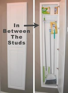 two pictures showing the inside of a closet with brooms and cleaning supplies in it