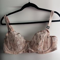 Never Worn. Still Has Size Tag On It. Gorgeous Lace Bra Fitted Pink Bra For Wedding, Fitted Underwire Bra For Wedding, Fitted Underwire Wedding Bra, Fitted Feminine Lace Bra, Pink Feminine Bra For Wedding, Pink Feminine Wedding Bra, Elegant Lined Underwire Bra, Wedding Underbust Fitted Bra, Feminine Lined Bra