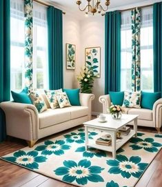 a living room filled with furniture and blue curtains