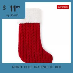 a red christmas stocking with white trim and a price label for the north pole trading co