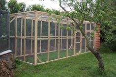 a small greenhouse in the middle of a yard next to a tree and fenced in area