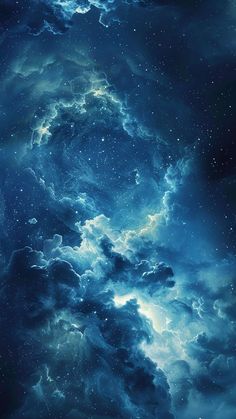 the sky is filled with clouds and stars in blue tones, as well as dark clouds