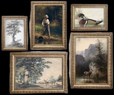 four framed paintings of ducks and other wildlife