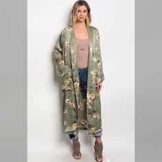 Long Sleeve Satin Light Weight, Long Line Floral Print Kimono. Fabric Content: 100% Polyester Model Is Wearing A Small And Here Are The Measurements Description: L: 47" B: 40" W: 42" The Belt On The Last Picture Below Don’t Come With The Item. Spring Floral Print Outerwear For Loungewear, Casual Fall Kimono For Brunch, Casual Long Sleeve Beige Kimono, Green Open Front Outerwear For Spring, Green Floral Print Outerwear For Summer, Casual Beige Kimono For Fall, Green Floral Print Summer Outerwear, Long Beige Spring Kimono, Beige Outerwear For Spring Loungewear