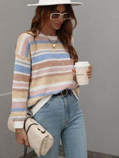 Pink Casual Striped Color Block Sweater, Casual Multicolor Sweater With Ribbed Cuffs, Multicolor Knit Tops With Ribbed Cuffs, Trendy Striped Crew Neck Sweater, Spring Striped Soft Knit Sweater, Striped Crew Neck Sweater For Spring, Spring Multicolor Tops With Ribbed Cuffs, Casual Soft Knit Striped Top, Multicolor Ribbed Sweater For Spring