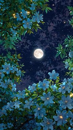 the full moon shines brightly in the night sky above blue flowers and green leaves