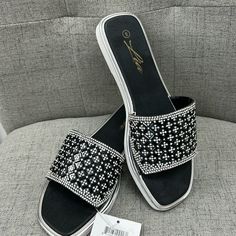 Nwt Black And Rhinestone Slide In Sandals. Black Bling Sandals For Summer, Summer Black Sandals With Bling, Glamorous Bedazzled Black Sandals, Black Bling Sandals For The Beach, Beach Sandals With Bling In Black, Beach Bling Black Sandals, Black Embellished Sandals For Summer, Glamorous Black Sandals With Bling, Black Bling Sandals For Night Out