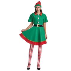 a woman dressed in an elf costume posing for the camera