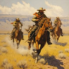 three men riding horses in an open field