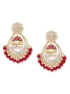 These beautiful maroon (deep red) dome shaped jhumka earrings come with kundan stone studs & beads, are gold-plated and are secured with a post and back closure. These handcrafted jhumkas can be paired with any traditional outfit to add a punch of colorful boost, and help you stand out. Product color may vary based on the monitor or screen you are using.See FAQ for more details. Size Length: 9.5 cm Details Material: BrassStones: Kundan & Artificial BeadsPlating: Gold-plated Festive Red Jhumkas With Stone Work, Red Temple Jewelry Earrings For Navratri, Traditional Red Chandelier Earrings For Festive Occasions, Festive Red Jhumkas With Zari Work, Red Chandbalis With Stone Work For Gift, Traditional Chandbali Beaded Earrings For Festivals, Red Jewelry With Latkans For Eid, Red Round Chandbalis For Festive Occasions, Traditional Red Dangle Chandbalis