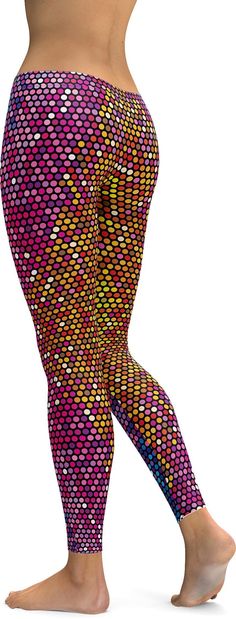 Disco is a style of pop music, which was very popular from the 1970's to the early 1980's. When people think about disco, they think about a certain dance style, clothing and a huge shiny discobal. Inspired by a shiny discobal our designer created these amazing Disco Dots Leggings. Multicolor Leggings For Spring Party, Retro Multicolor Party Bottoms, Multicolor Stretch Disco Bottoms, Multicolor Disco Bottoms For Festival, Dance Style, 100 Squats, Purple Leggings, Dance Fashion, Soft Leggings