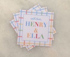 four cards with the words henry and ella printed on them, all in different colors