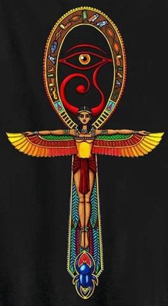 an egyptian cross with the eye of horush on it's back and wings