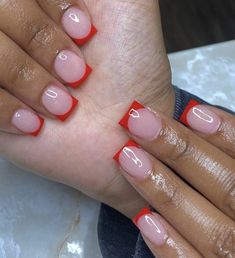 Short Nails Red And White, Short Red Nails French Tip, French Tips Nails Color, Short French Tip Nails Color, Red White French Tip Nails, Red Acrylic Nails French Tip, Short Nails Red French, Red Short French Tip Nails, Red Frenchies Nails