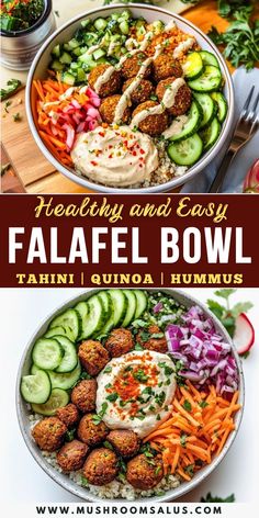 healthy and easy falafel bowl with cucumber hummus