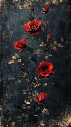 red roses on a black background with leaves and stems in the foreground is an old - fashioned photo