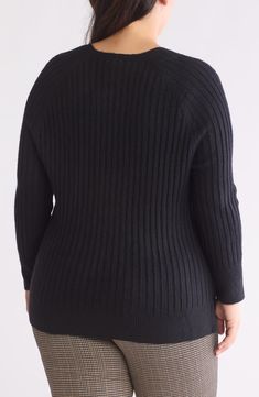 Soft ribbing adds visual intrigue to this V-neck sweater, styled in a slouchy silhouette with side slits. 27" length (size 1X) V-neck Long sleeves 73% acrylic, 24% polyester, 3% spandex Machine wash, line dry Imported Rib Sweater, Concert Looks, Sweaters And Leggings, Comfortable Sandals, Baby Size, Ribbed Sweater, Toddler Sizes, Black Fits