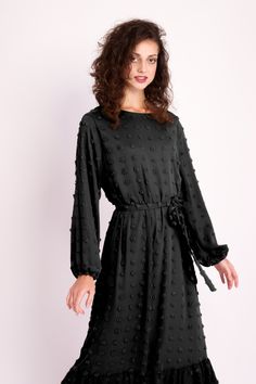 From dinner parties to special Eid holidays, the Boho Long Sleeve Pompom Maxi Dress is the perfect daily attire for every occasion. The beautiful black or brown dress features a subtle pompom design that adds a cute, trendy touch. Finished with a waist-cinching belt and a bottom tier effect, this modest lovely dress adds personality and texture to your wardrobe. Chiffon Tie Waist Maxi Dress, Chiffon Maxi Dress With Tie Waist, Chiffon Maxi Length Dress With Tie Waist, Flowy Belted Maxi Dress For Party, Chiffon Tie Waist Dress For Party, Chiffon Belted Dress For Party, Chiffon Tie Waist Party Dress, Chiffon Party Dress With Tie Waist, Spring Party Maxi Belted Dress