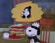 a cartoon character sitting at a table in front of a giant sandwich with a thought bubble above it