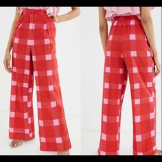 Brand: Anthropologie's Porridge - Color: Red/Pink - High Rise - Preppy - Wide Leg - Pleated - Zipper Fly & Button Closure - Plaid Pattern - Slant Pockets - Smocked Back Waistband Red Wide Leg Bottoms For Day Out, Red Wide Leg Pants For Day Out, Red Wide-leg Pants For Day Out, Preppy Pants, Red Plaid Pants, Plaid Pants Women, Preppy Plaid, Red Pants, Plaid Pants