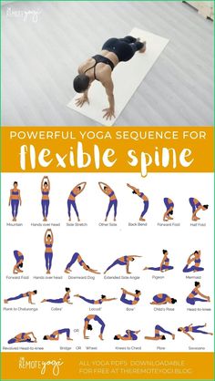 a woman doing yoga poses with the title, powerful yoga sequence for flexible spines